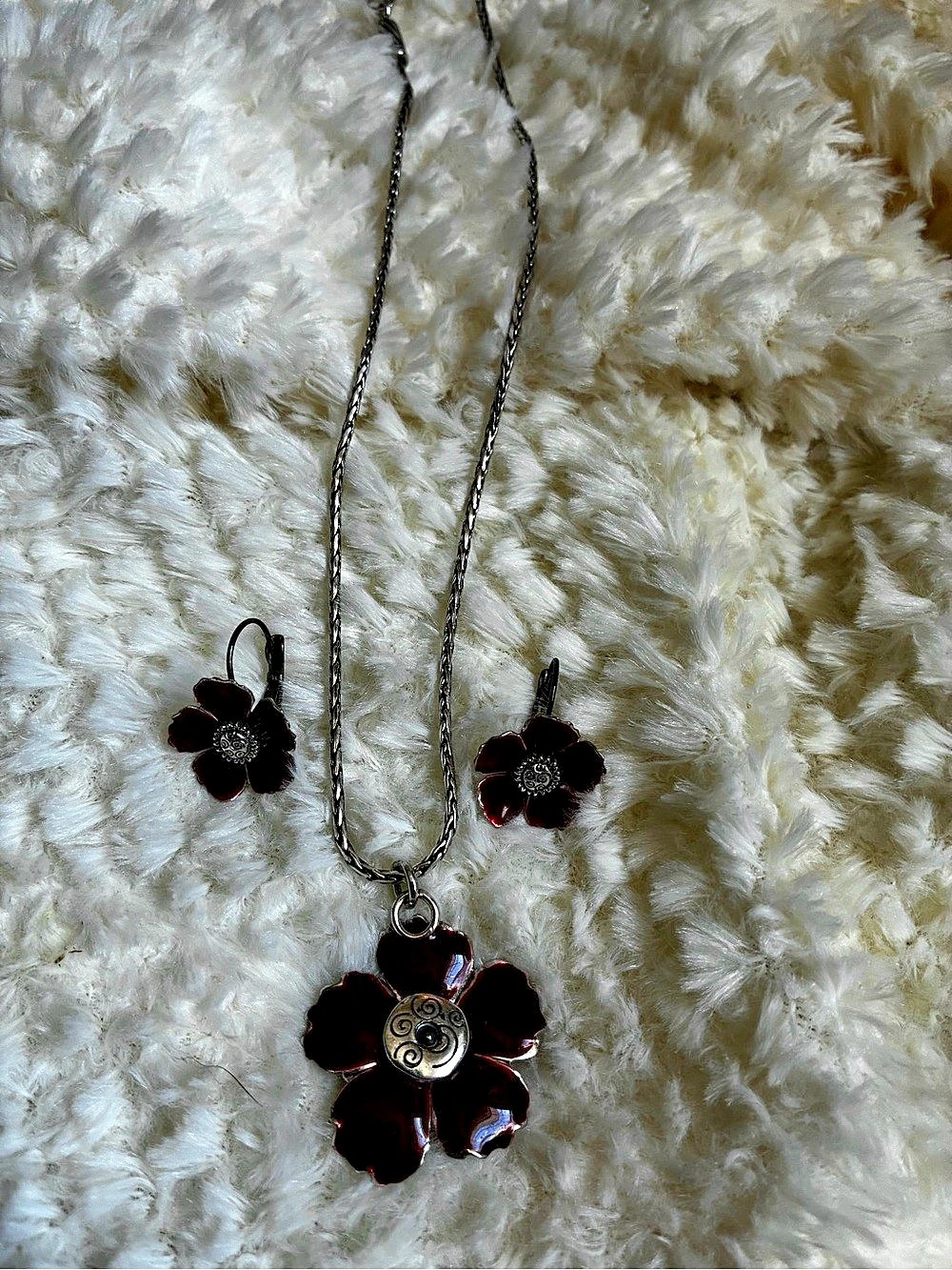 Brighton Dazzling Love Flower Necklace and Leverback Earrings Set Red Flower